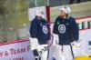 MIKAELA MACKENZIE / WINNIPEG FREE PRESS Goalies Connor Hellebuyck (left) and Laurent Brossoit chat at Jets training camp at the Bell MTS Iceplex in Winnipeg on Friday, July 17, 2020. For Mike McIntyre story. Winnipeg Free Press 2020.
                                MIKAELA MACKENZIE / FREE PRESS
                                Goalies Connor Hellebuyck (left) and Laurent Brossoit chat at Jets training camp at the Bell MTS Iceplex in 2020.
