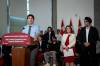 Prime Minister Justin Trudeau, left, speaks during a news conference for a housing announcement, with Deputy Prime Minister and Minister of Finance, Chrystia Freeland and Minister of Emergency Preparedness and Minister responsible for the Pacific Economic Development Agency of Canada, Harjit S. Sajjan in Vancouver, Wednesday, March 27, 2024. THE CANADIAN PRESS/Ethan Cairns