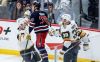 Vegas Golden Knights' Jack Eichel (9), Ivan Barbashev (49) and Anthony Mantha (39) celebrate Barbashev's goal against the Winnipeg Jets during third period NHL action in Winnipeg on Thursday, March 28, 2024. THE CANADIAN PRESS/John Woods