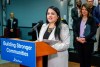 Alberta's advanced education minister is rejecting concerns her government's proposed gatekeeping bill will lead to political interference and jeopardize $500 million worth of federal funding now going to academic research in the province. Rajan Sawhney, left, then-minister of Trade, Immigration and Multiculturalism, speaks at an announcement as Alberta Premier Danielle Smith looks on in Calgary, Friday, April 14, 2023. THE CANADIAN PRESS/Jeff McIntosh