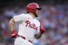 Philadelphia Phillies' Rafael Marchan reacts after hitting a run-scoring single against San Diego Padres pitcher Randy Vasquez during the fourth inning of a baseball game, Monday, June 17, 2024, in Philadelphia. (AP Photo/Matt Slocum)