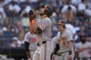 Baltimore Orioles' Anthony Santander gestures as he reaches home plate after hitting a three-run home run during the fifth inning of a baseball game against the New York Yankees, Thursday, June 20, 2024, in New York. (AP Photo/Frank Franklin II)