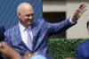 Former Chicago Cubs player Ryne Sandberg waves before the team unveils a statue of him before a baseball game against the New York Mets in Chicago, Sunday, June 23, 2024. (AP Photo/Nam Y. Huh)
