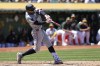 Minnesota Twins' Byron Buxton hits a two-run double against the Oakland Athletics during the seventh inning of a baseball game Sunday, June 23, 2024, in Oakland, Calif. (AP Photo/Godofredo A. Vásquez)