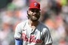 Philadelphia Phillies first baseman Bryce Harper laughs during the seventh inning of a baseball game against the Baltimore Orioles, Sunday, June 16, 2024, in Baltimore. (AP Photo/Nick Wass)
