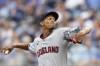 Cleveland Guardians pitcher Triston McKenzie delivers to a Kansas City Royals batter during the first inning of a baseball game in Kansas City, Mo., Friday, June 28, 2024. (AP Photo/Colin E. Braley)