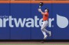 Houston Astros outfielder Jake Meyers catches a ball hit by New York Mets' Francisco Lindor during the seventh inning of a baseball game, Sunday, June 30, 2024, in New York. (AP Photo/Pamela Smith)