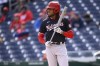 FILE - Washington Nationals Futures' James Wood plays during an exhibition baseball game against the Washington Nationals, Tuesday, March 26, 2024, in Washington. Nationals top prospect James Wood is expected to make his major league debut Monday night, July 1, against the New York Mets. (AP Photo/Nick Wass, FIle)