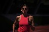 Ukrainian high jumper Kateryna Tabashnyk runs at the stadium that she shares with other Ukrainians training to qualify for the Paris Olympics in Monte Gordo, Portugal, Tuesday, May 7, 2024. (AP Photo/Emilio Morenatti)