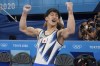 FILE - Daiki Hashimoto, of Japan, reacts after winning the gold medal on the horizontal bar during the artistic gymnastics men's apparatus final at the 2020 Summer Olympics, Tuesday, Aug. 3, 2021, in Tokyo, Japan. Hashimoto is heading to the Paris Olympics to defend the Olympic title he won back home in Tokyo 2021.(AP Photo/Natacha Pisarenko, File)