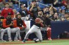 Cleveland Guardians shortstop Brayan Rocchio throws to second base after catching a fly ball in foul territory by Tampa Bay Rays' Isaac Paredes during the eighth inning of a baseball game, Sunday, July 14, 2024, in St. Petersburg, Fla. (AP Photo/Phelan M. Ebenhack)