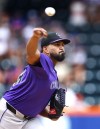 Colorado Rockies' German Marquez pitches against the New York Mets' during the first inning of a baseball game, Sunday, July 14, 2024, in New York. (AP Photo/Noah K. Murray)
