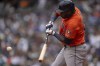 Houston Astros' Yordan Alvarez hits a single during the first inning of a game against the Seattle Mariners, Sunday, July 21, 2024, in Seattle. (AP Photo/Stephen Brashear)