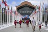 FILE - People walk in front of the canteen in the Olympic Village, at the 2024 Summer Olympics, Monday, July 22, 2024, in Paris, France. (AP Photo/Michel Euler, Pool, File)