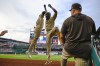 San Diego Padres' Jurickson Profar, center, celebrates his two-run home run with Jackson Merrill during the second inning of a baseball game against the Washington Nationals, Wednesday, July 24, 2024, in Washington. (AP Photo/John McDonnell)