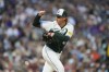 Colorado Rockies relief pitcher Nick Mears works against the San Francisco Giants in the seventh inning of a baseball game Saturday, July 20, 2024, in Denver. (AP Photo/David Zalubowski)