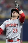 Cincinnati Reds' TJ Friedl (29) celebrates his single off Tampa Bay Rays starting pitcher Zack Littell during the fourth inning of a baseball game Saturday, July 27, 2024, in St. Petersburg, Fla. (AP Photo/Christopher O'Meara)