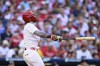 Philadelphia Phillies' Bryce Harper watches his two-run home run off Cleveland Guardians' Carlos Carrasco during the fourth inning of a baseball game, Saturday, July 27, 2024, in Philadelphia. (AP Photo/Derik Hamilton)