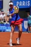 Barbora Krejcikova of Czech Republic returns the ball against Sara Sorribes Tormo of Spain during the women's singles tennis competition, at the 2024 Summer Olympics, Sunday, July 28, 2024, in Paris, France. (AP Photo/Manu Fernandez)