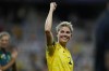 Australia's Michelle Heyman celebrates after beating 6-5 Zambia during a women's group B soccer match at the 2024 Summer Olympics, Sunday, July 28, 2024, in Nice, France. (AP Photo/Julio Cortez)