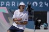 Jagger Eaton, of the United States, celebrates landing a trick the men's skateboard street preliminaries at the 2024 Summer Olympics, Monday, July 29, 2024, in Paris, France. (AP Photo/Frank Franklin II)