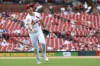 St. Louis Cardinals starting pitcher Michael McGreevy tosses the ball to first for an out against Texas Rangers' Nathaniel Lowe during the seventh inning of a baseball game Wednesday, July 31, 2024, in St. Louis. (AP Photo/Scott Kane)
