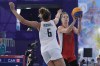 Canada's Michelle Plouffe (1) shoots over Germany's Marie Reichert (6) in the women's 3x3 basketball pool round match during the 2024 Summer Olympics, Thursday, Aug. 1, 2024, in Paris, France. Germany won 19-15. THE CANADIAN PRESS/AP/Frank Franklin II