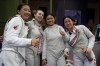 Canada's fencers celebrate after winning the women's team foil quarterfinal match against France during the 2024 Summer Olympics at the Grand Palais, Thursday, Aug. 1, 2024, in Paris, France. THE CANADIAN PRESS/AP/Andrew Medichini
