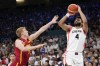 Jamal Murray, of Canada, shoots over Alberto Diaz, of Spain, in a men's basketball game at the 2024 Summer Olympics, Friday, Aug. 2, 2024, in Villeneuve-d'Ascq, France. THE CANADIAN PRESS/AP-Mark J. Terrill