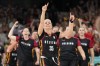 Julie Vanloo (35), of Belgium, celebrates after a basket against Japan in a women's basketball game at the 2024 Summer Olympics, Sunday, Aug. 4, 2024, in Villeneuve-d'Ascq, France. (AP Photo/Mark J. Terrill)