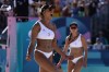 Canada's Brandie Wilkerson celebrates during a victory over the United States in a beach volleyball match at the 2024 Summer Olympics, Monday, Aug. 5, 2024, in Paris, France. THE CANADIAN PRESS/AP-Robert F. Bukaty