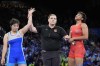 India's Nisha Nisha, right, reacts after the women's freestyle 68kg wrestling quarterfinal match against North Korea's Sol Gum Pak, left, at Champ-de-Mars Arena, during the 2024 Summer Olympics, Monday, Aug. 5, 2024, in Paris, France. (AP Photo/Eugene Hoshiko)