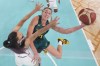 Alanna Smith (11), of Australia, shoots around Dragana Stankovic (14), of Serbia, at the 2024 Summer Olympics, Wednesday, Aug. 7, 2024, in Paris, France. (AP Photo/Mark J. Terrill,Pool)