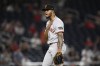 San Francisco Giants relief pitcher Camilo Doval celebrates at the end of a baseball game against the Washington Nationals, Wednesday, Aug. 7, 2024, in Washington. (AP Photo/Nick Wass)