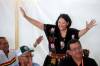 Grand Chief Cathy Merrick celebrates after winning a second term as Grand Chief of Assembly of Manitoba Chiefs on Wednesday. (Tim Smith / The Brandon Sun)