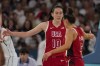 United States' Breanna Stewart (10) celebrates with Kelsey Plum (5) after a basket against Nigeria during a women's quarterfinal game at Bercy Arena at the 2024 Summer Olympics, Wednesday, Aug. 7, 2024, in Paris, France. (AP Photo/Mark J. Terrill)