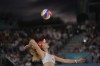 Switzerland's Nina Brunner serves in the women's beach volleyball bronze medal match between Australia and Switzerland, at the 2024 Summer Olympics, Friday, Aug. 9, 2024, in Paris, France. (AP Photo/Robert F. Bukaty)