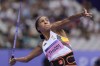 Nafissatou Thiam, of Belgium, throws in the women's heptathlon javelin at the 2024 Summer Olympics, Friday, Aug. 9, 2024, in Saint-Denis, France. (AP Photo/Matthias Schrader)