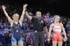Helen Louise Maroulis, of the United State, celebrates after defeating Canada's Hannah Fay Taylor during their women's freestyle 57kg bronze medal wrestling match, at Champ-de-Mars Arena, during the 2024 Summer Olympics, Friday, Aug. 9, 2024, in Paris, France. Hannah Taylor's bid for an Olympic wrestling bronze medal ended abruptly Friday in Paris. The 26-year-old from Summerside, Alta, was pinned just 24 seconds into the women's 57-kilogram match by Helen Maroulis of the United States.(AP Photo/Eugene Hoshiko)
