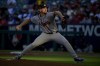 Atlanta Braves' Spencer Schwellenbach delivers to the plate during the first inning of a baseball game against the Los Angeles Angels, Friday, Aug. 16, 2024, in Anaheim, Calif. (AP Photo/Jayne Kamin-Oncea)