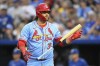 St. Louis Cardinals' Brandon Crawford tosses his bat after striking out against the Kansas City Royals during the seventh inning of a baseball game, Saturday, Aug. 10, 2024, in Kansas City, Mo. (AP Photo/Reed Hoffmann)