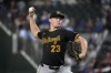 Pittsburgh Pirates starting pitcher Mitch Keller throws to the Texas Rangers in the fifth inning of a baseball game, Tuesday, Aug. 20, 2024, in Arlington, Texas. (AP Photo/LM Otero)