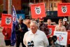 Francois Laporte, National President, Teamsters Canada, speaks to media as picketing railworkers gather at the CPKC headquarters in Calgary, Alta., Friday, Aug. 23, 2024.THE CANADIAN PRESS/Jeff McIntosh