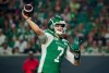 Saskatchewan Roughriders quarterback Trevor Harris (7) throws against the Montreal Alouettes during the second half of CFL football action in Regina, on Friday, August 16, 2024. Saskatchewan Roughriders quarterback Trevor Harris and cornerback Tyrell Ford of the Winnipeg Blue Bombers were named the top offensive and defensive players Wednesday in the CFL's monthly honour roll. THE CANADIAN PRESS/Heywood Yu