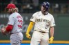 Milwaukee Brewers' Willy Adames reacts after hitting an RBI double during the 11th inning of a baseball game against the St. Louis Cardinals Tuesday, Sept. 3, 2024, in Milwaukee. (AP Photo/Morry Gash)