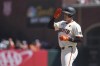 San Francisco Giants' Matt Chapman reacts after hitting a single during the third inning of a baseball game against the Miami Marlins, Sunday, Sept. 1, 2024, in San Francisco. (AP Photo/Godofredo A. Vásquez)