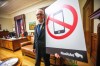 MIKAELA MACKENZIE / FREE PRESS

	
Education minister Nello Altomare shows new school signage (related to the cell phone ban) in his office at the Manitoba Legislative Building on Thursday, Aug. 15, 2024. 

For Carol story.