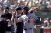 Detroit Tigers' Matt Vierling (8) celebrates after scoring on an RBI single by Riley Greene during the eighth inning of a baseball game against the Oakland Athletics in Oakland, Calif., Sunday, Sept. 8, 2024. (AP Photo/Jed Jacobsohn)