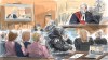Therapist and survivor advocate Shannon Moroney, centre left to right, Peter Nygard, Nygard's lawyer Gerri Wiebe, Justice Robert Goldstein and Crown lawyer Neville Golwalla are seen in a courtroom sketch in Toronto, on Monday, Sept. 9, 2024. THE CANADIAN PRESS/Alexandra Newbould