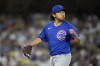 Chicago Cubs starting pitcher Shota Imanaga gestures after Los Angeles Dodgers' Mookie Betts grounded out to end the the third inning of a baseball game, Tuesday, Sept. 10, 2024, in Los Angeles. (AP Photo/Mark J. Terrill)